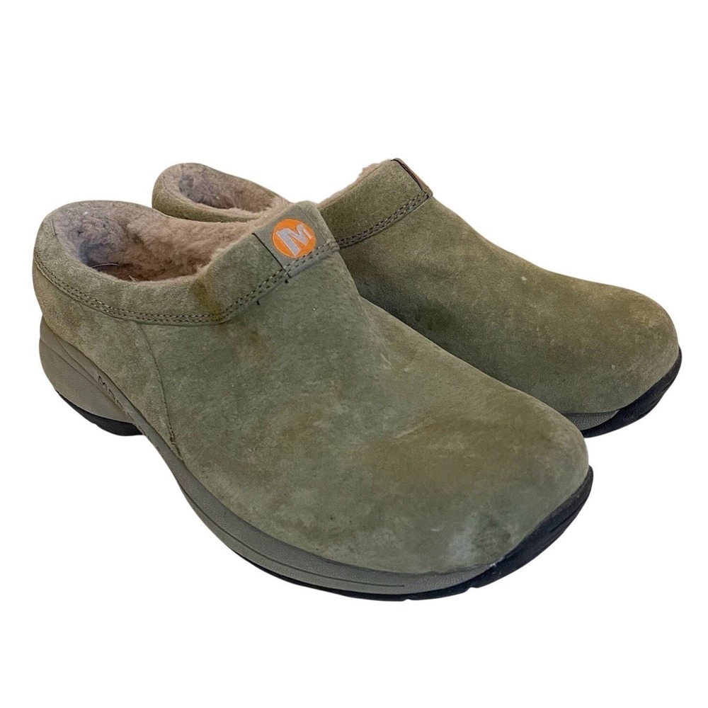 Merrell Women 8 Primo Chill Slides Mule Comfort Shoes Green Suede Fur/sherpa